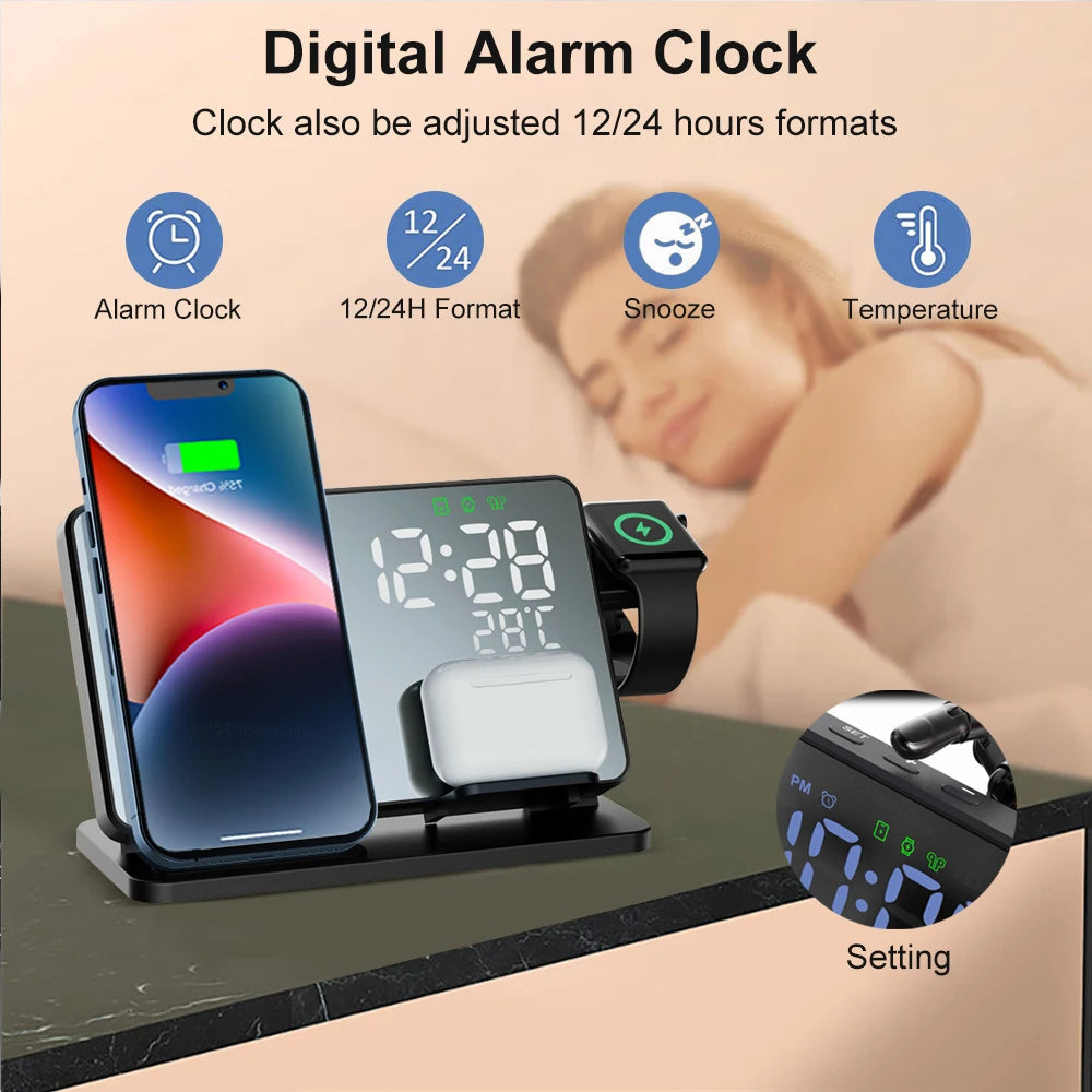 3-In-1 Quick Charging Station - Premium Wireless Fast Charging Docking Station With Alarm Clock