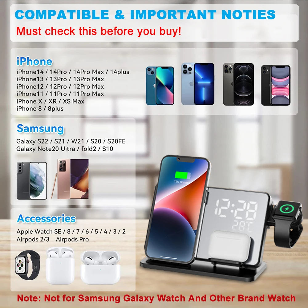 3-In-1 Quick Charging Station - Premium Wireless Fast Charging Docking Station With Alarm Clock