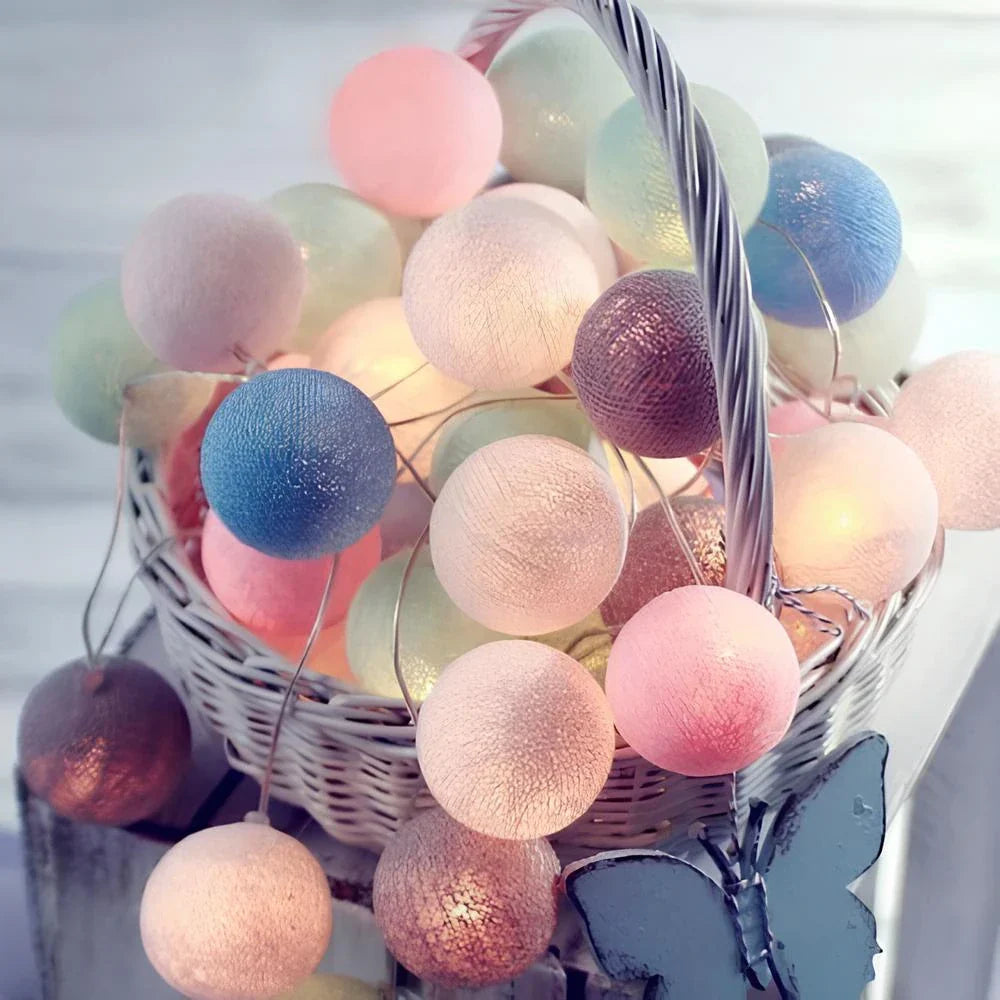 Cotton Ball String Lights - Warm LED Garland, Decorative