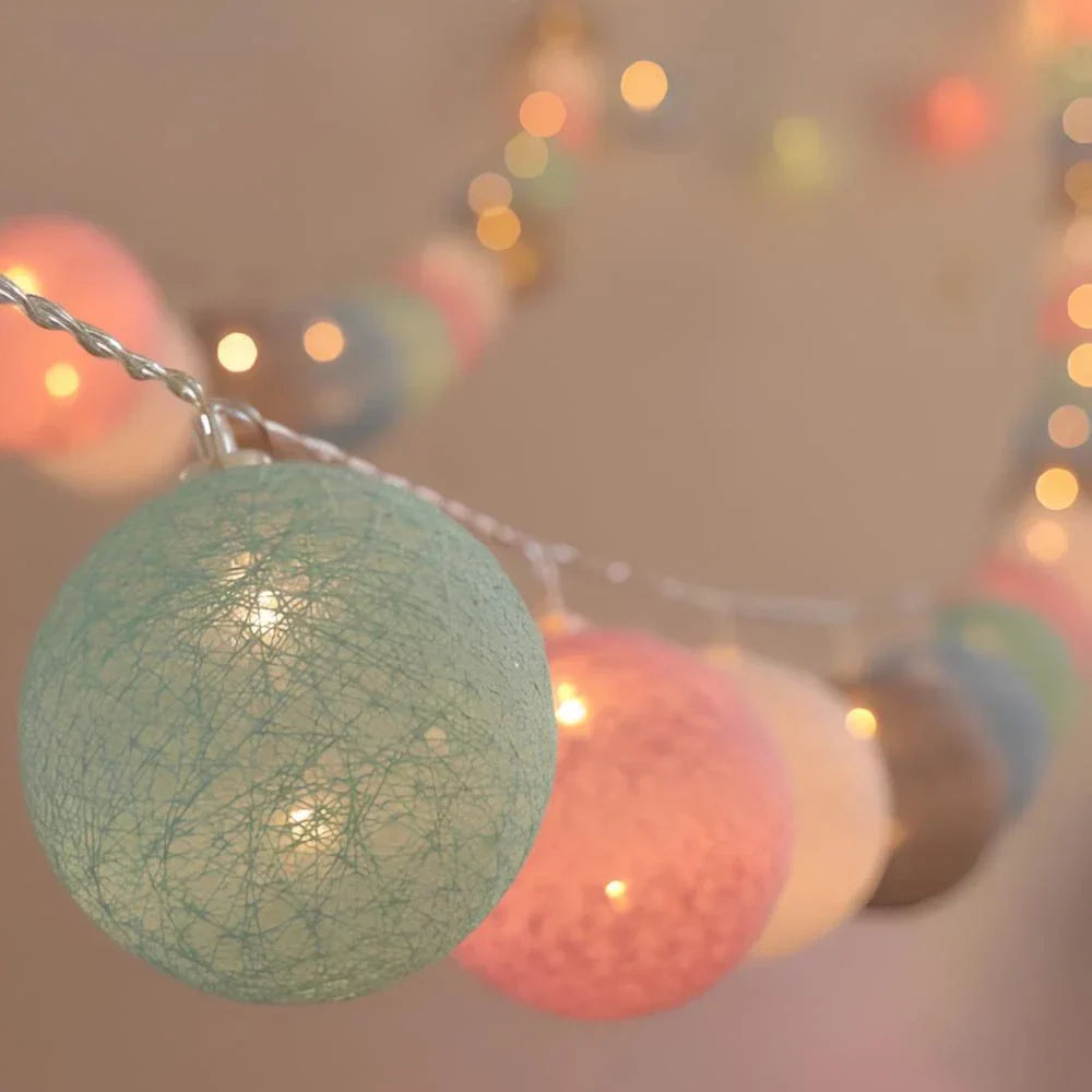 Cotton Ball String Lights - Warm LED Garland, Decorative
