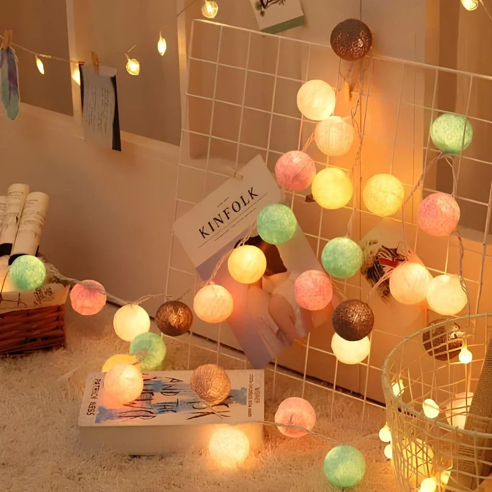 Cotton Ball String Lights - Warm LED Garland, Decorative