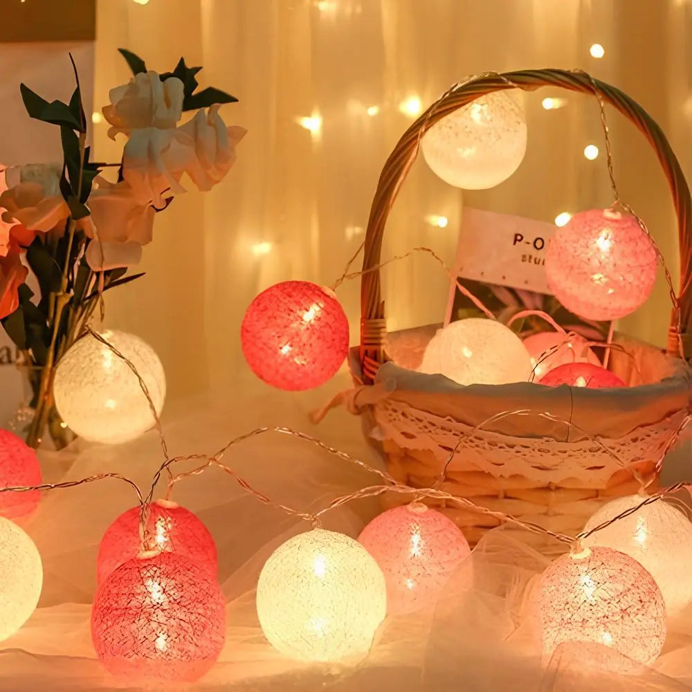 Cotton Ball String Lights - Warm LED Garland, Decorative