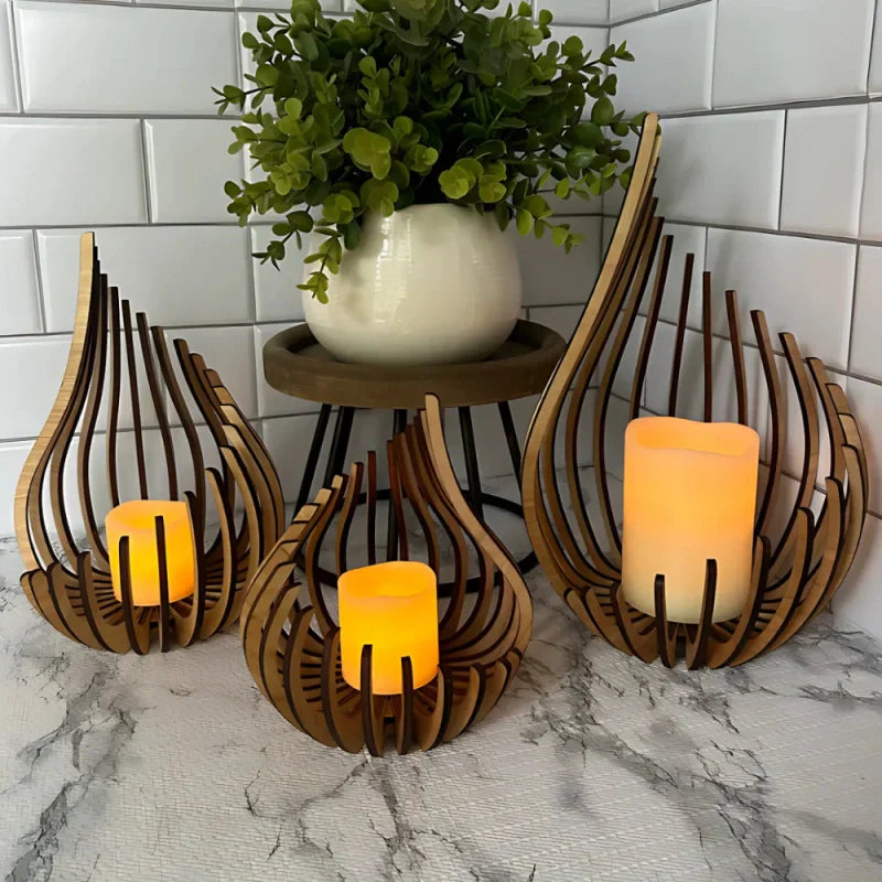 GlimmerDrop Wooden Candle Holder - Hollow Carved, Tea Light Stand