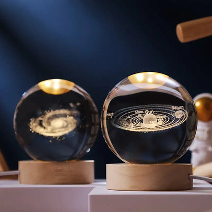 Luminous Crystal Ball Lamp - 3D Galaxy Engraved LED, Wooden Base