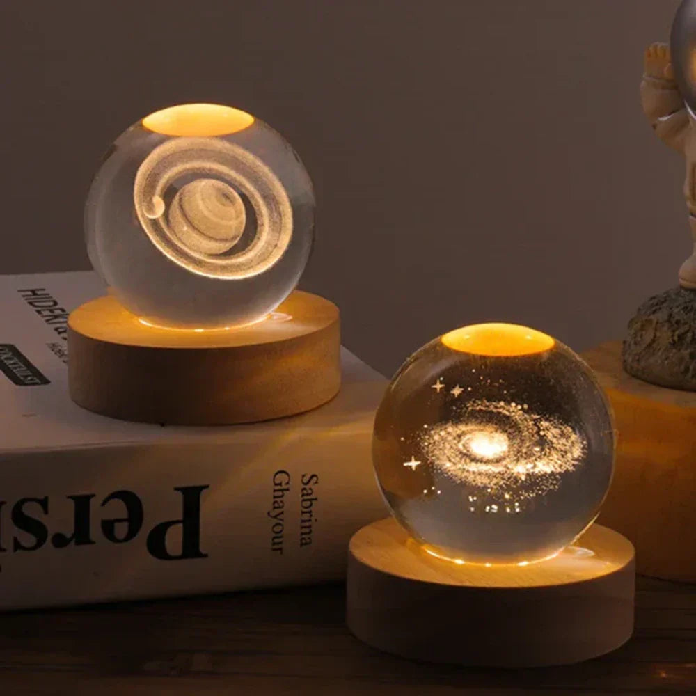 Luminous Crystal Ball Lamp - 3D Galaxy Engraved LED, Wooden Base