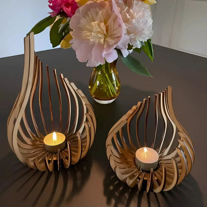 GlimmerDrop Wooden Candle Holder - Hollow Carved, Tea Light Stand