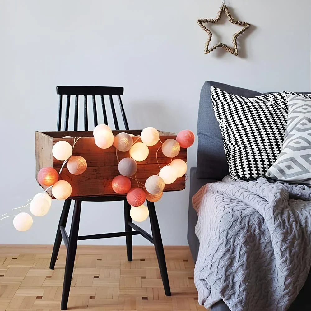 Cotton Ball String Lights - Warm LED Garland, Decorative