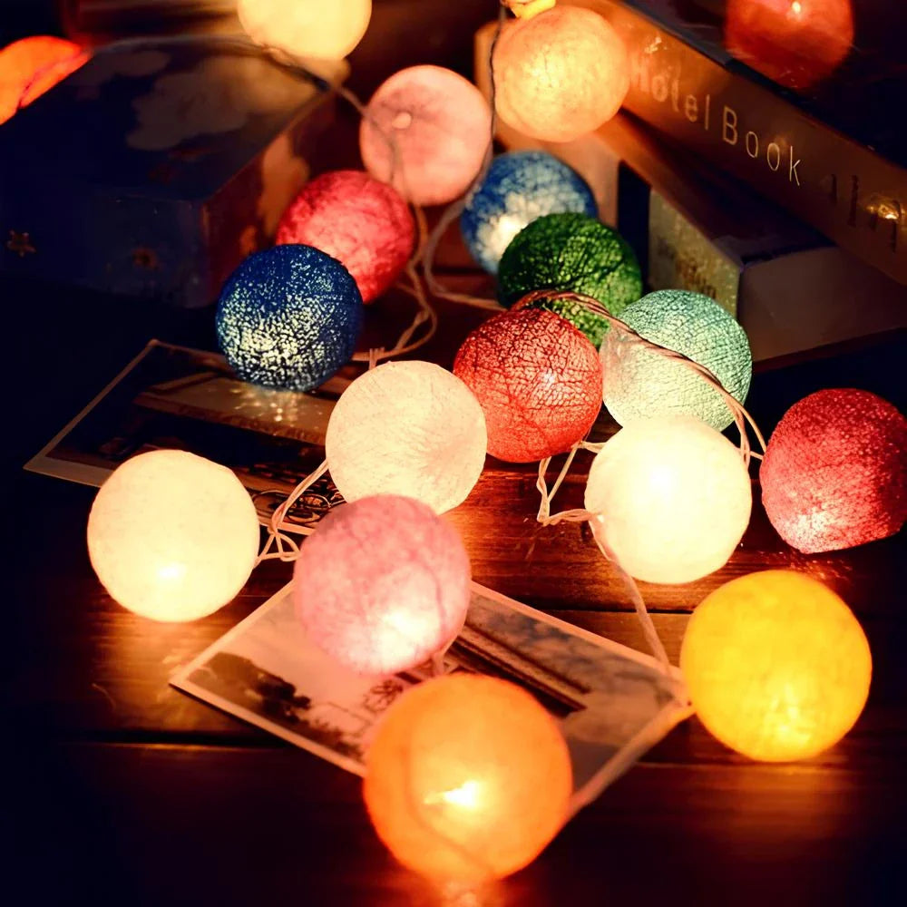 Cotton Ball String Lights - Warm LED Garland, Decorative