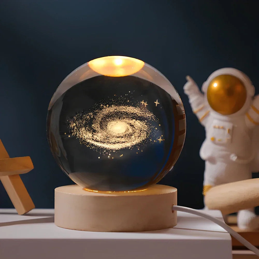 Luminous Crystal Ball Lamp - 3D Galaxy Engraved LED, Wooden Base