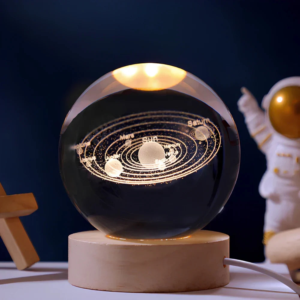 Luminous Crystal Ball Lamp - 3D Galaxy Engraved LED, Wooden Base