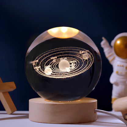 Luminous Crystal Ball Lamp - 3D Galaxy Engraved LED, Wooden Base