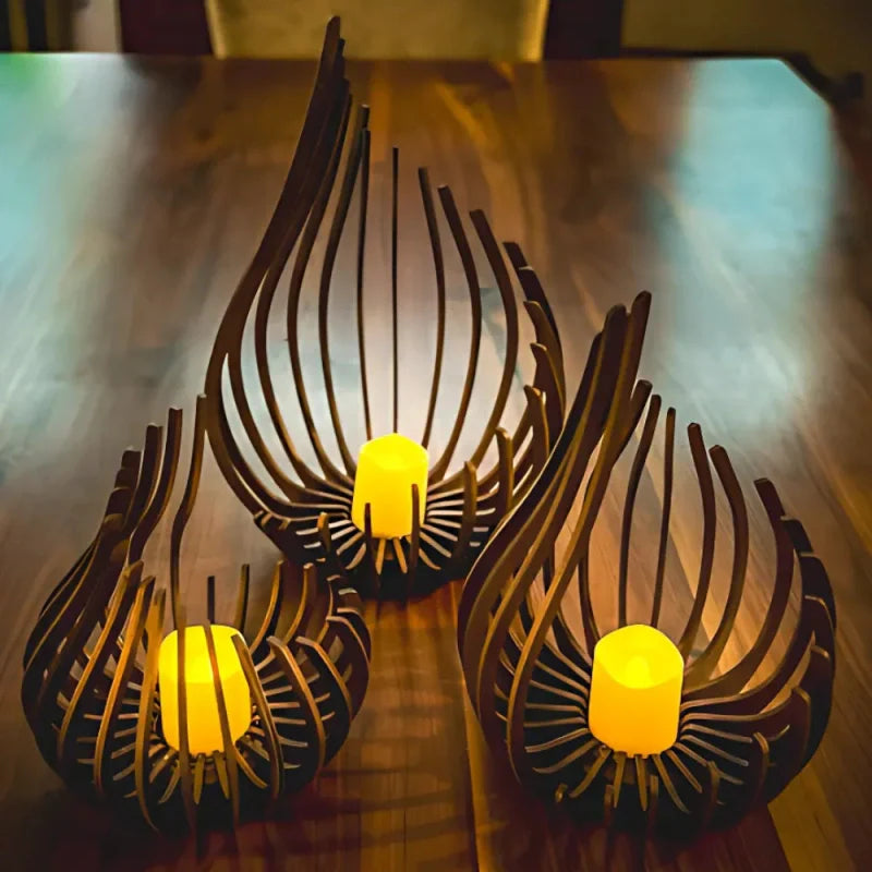 GlimmerDrop Wooden Candle Holder - Hollow Carved, Tea Light Stand