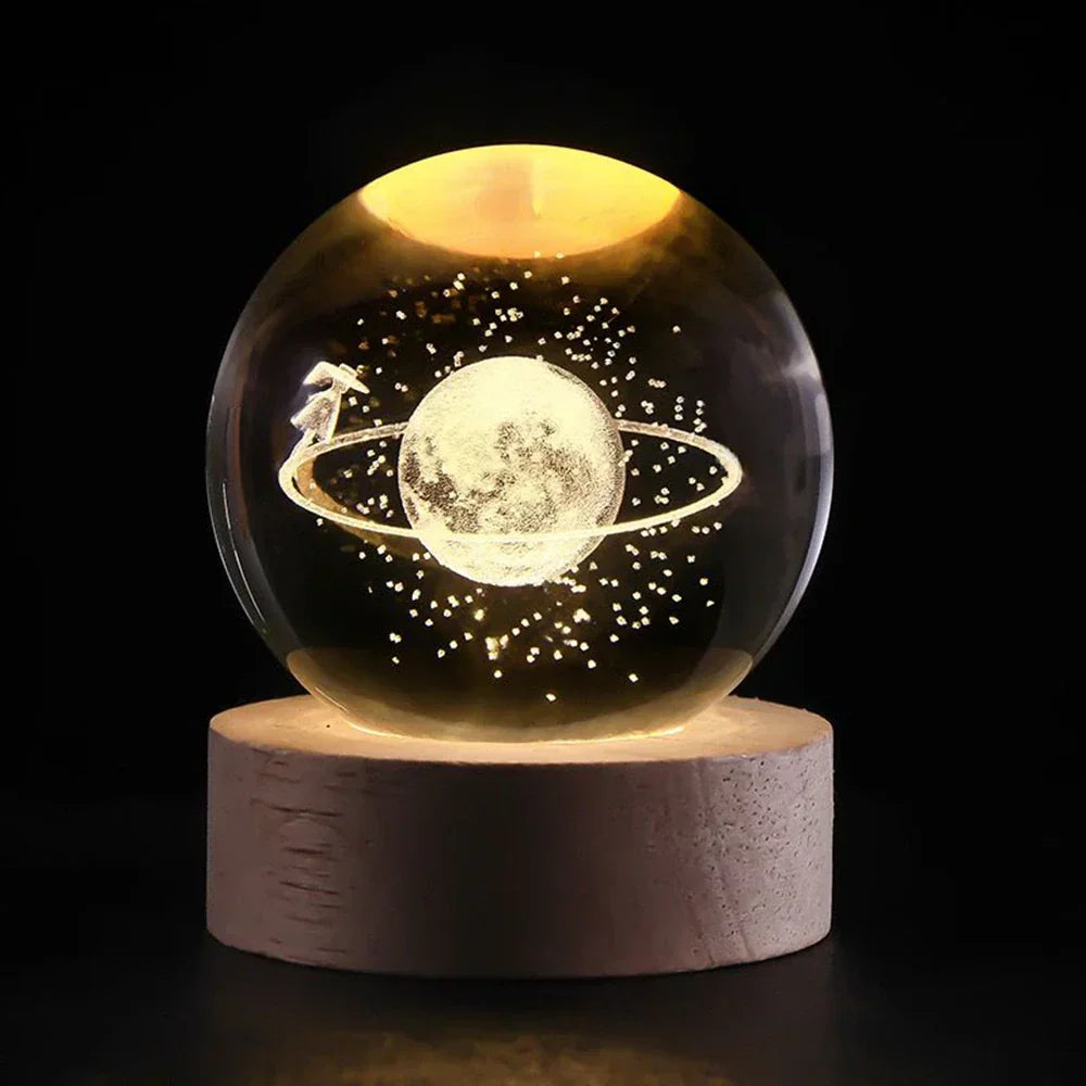Luminous Crystal Ball Lamp - 3D Galaxy Engraved LED, Wooden Base