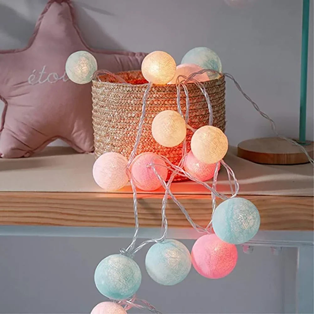 Cotton Ball String Lights - Warm LED Garland, Decorative