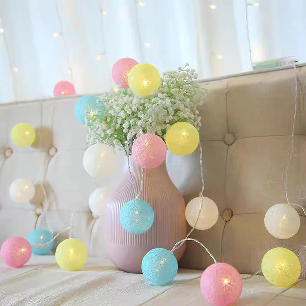 Cotton Ball String Lights - Warm LED Garland, Decorative
