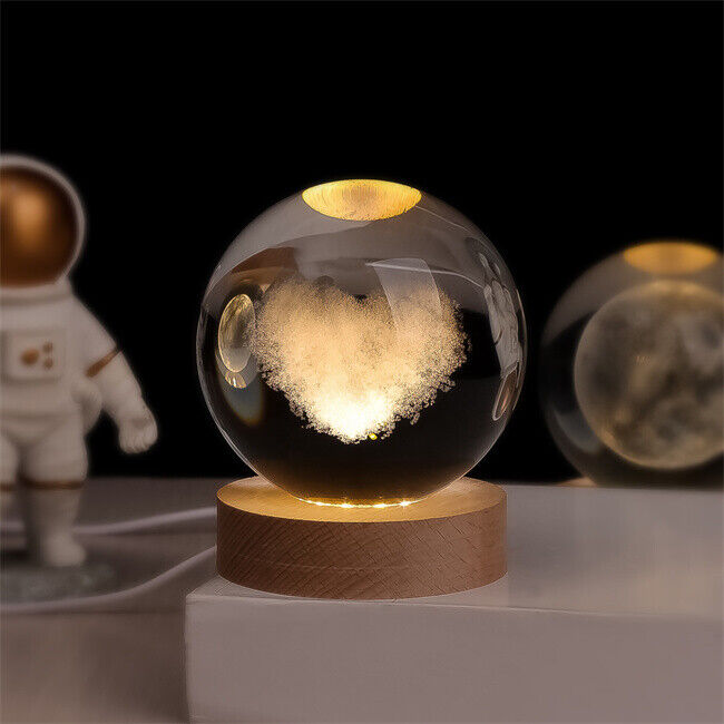 Luminous Crystal Ball Lamp - 3D Galaxy Engraved LED, Wooden Base
