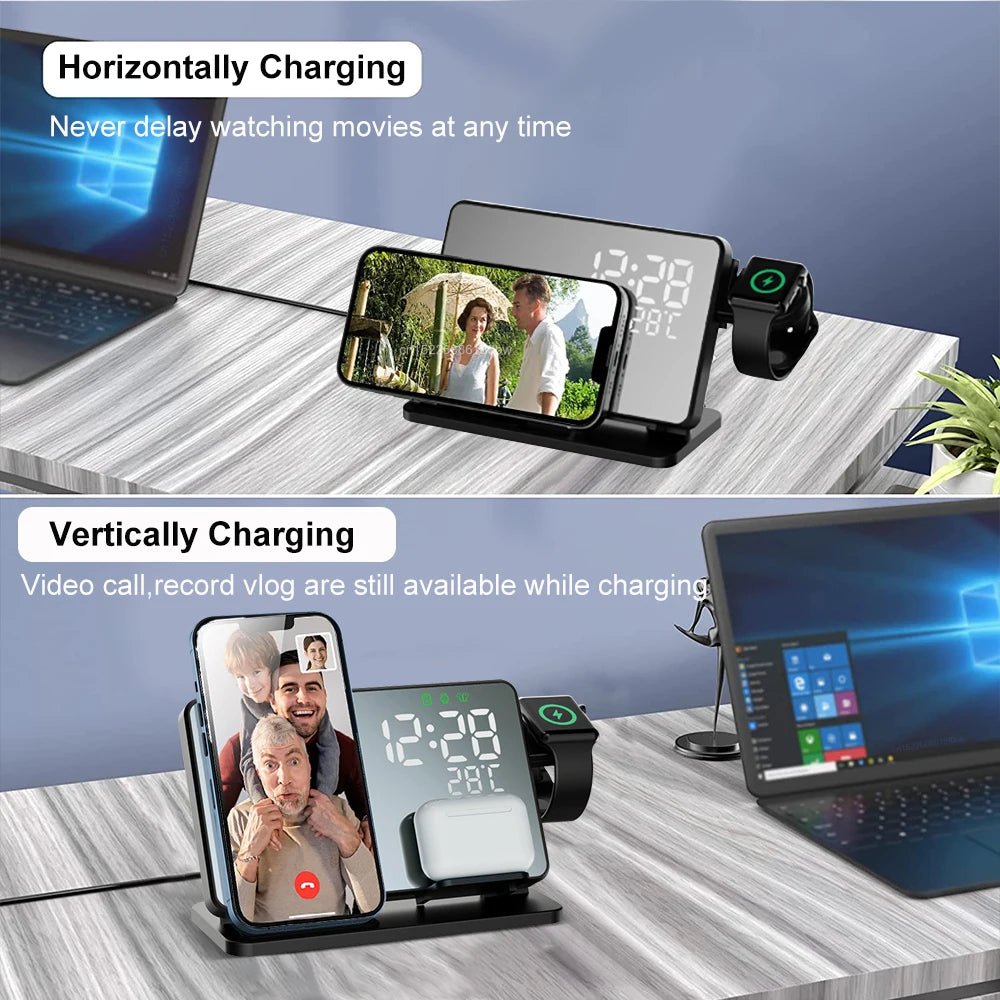 3-In-1 Quick Charging Station - Premium Wireless Fast Charging Docking Station With Alarm Clock