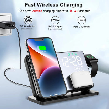3-In-1 Quick Charging Station - Premium Wireless Fast Charging Docking Station With Alarm Clock