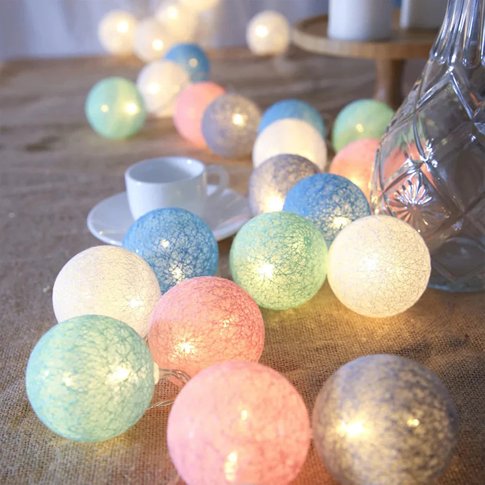 Cotton Ball String Lights - Warm LED Garland, Decorative