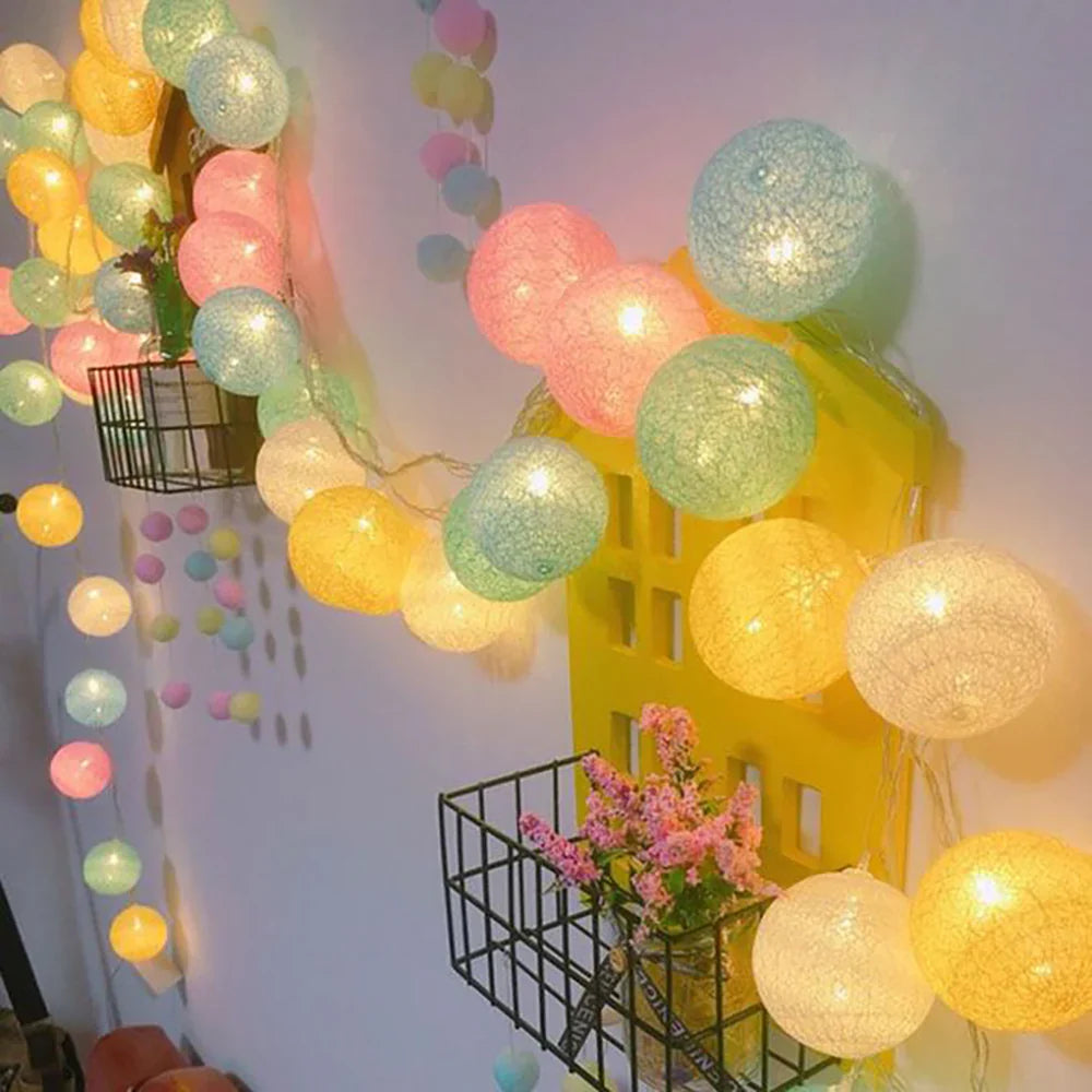 Cotton Ball String Lights - Warm LED Garland, Decorative