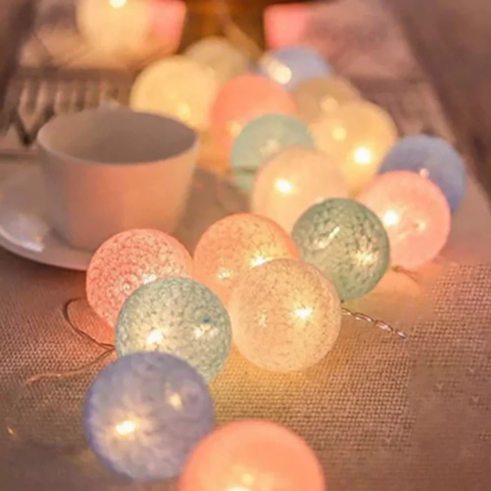 Cotton Ball String Lights - Warm LED Garland, Decorative