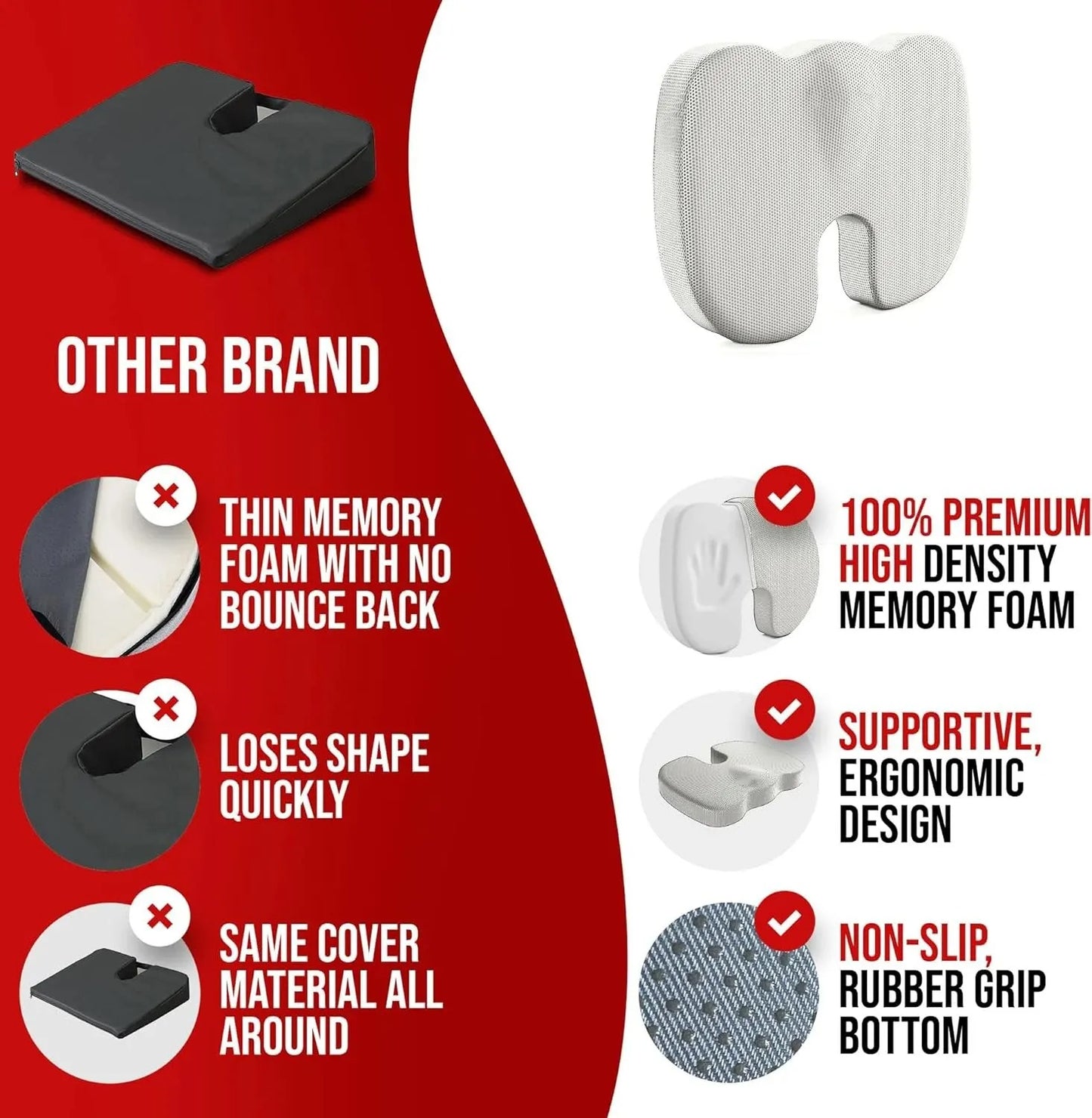 ErgoComfort Memory Foam Seat Cushion - Sciatica & Back Pain Relief