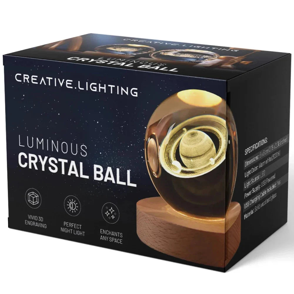 Luminous Crystal Ball Lamp - 3D Galaxy Engraved LED, Wooden Base