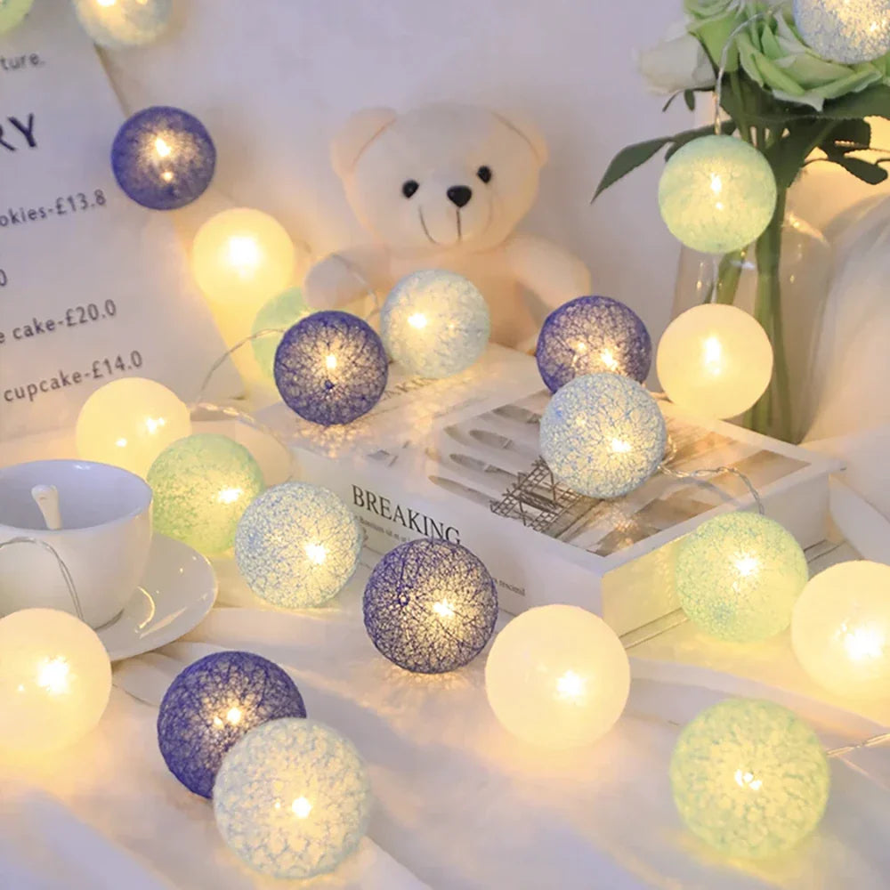 Cotton Ball String Lights - Warm LED Garland, Decorative