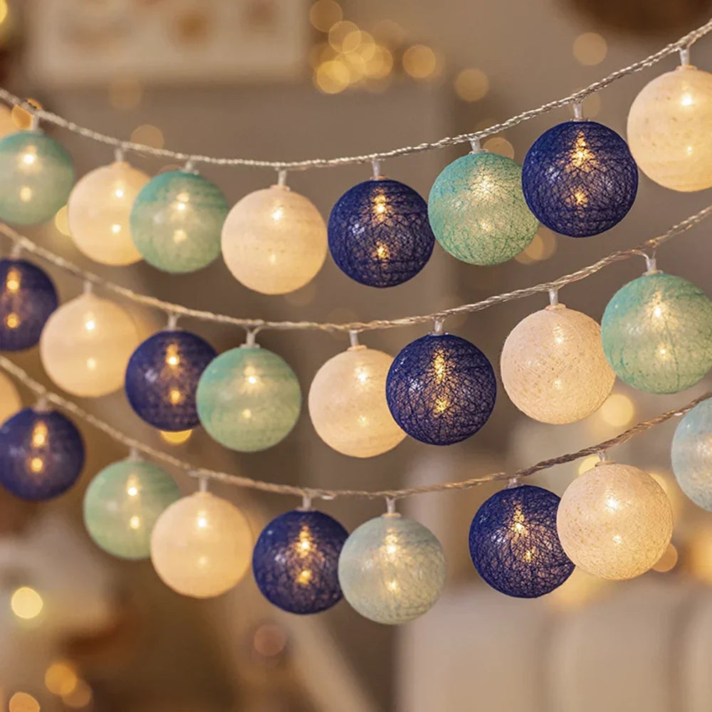 Cotton Ball String Lights - Warm LED Garland, Decorative