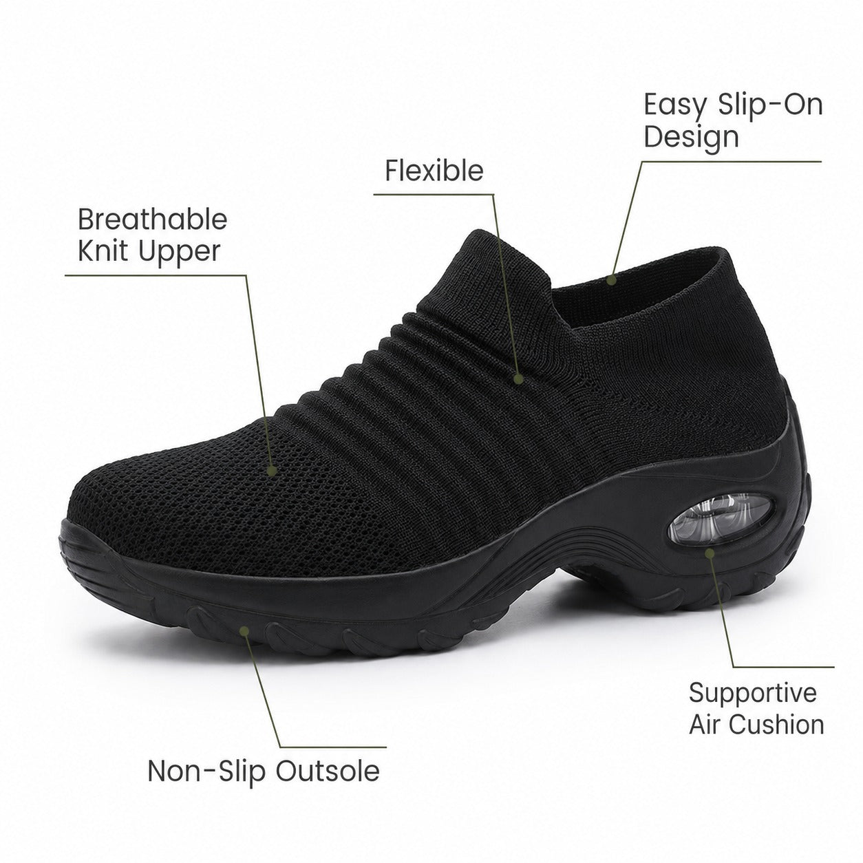Carestep Non Slip Nursing Shoes For Women Colour All Black Feature Diagram