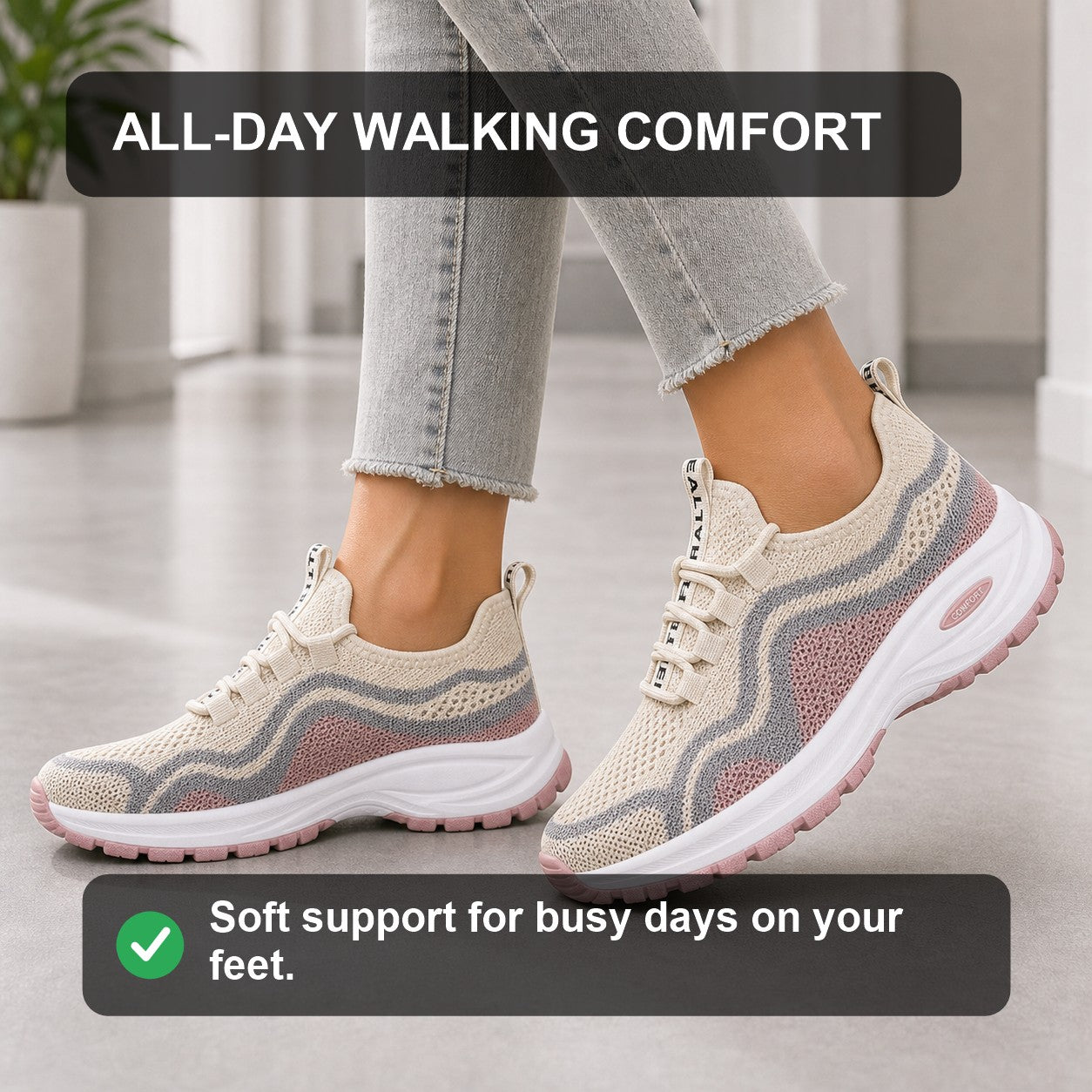 Cora Supportive Lace Up Walking Shoes For Women Beige Blush Pink Walking Comfort Feature