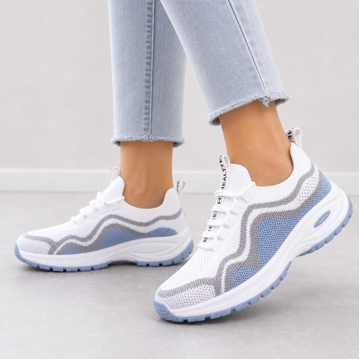Cora Supportive Lace Up Walking Shoes For Women White Light Blue Model Wearing