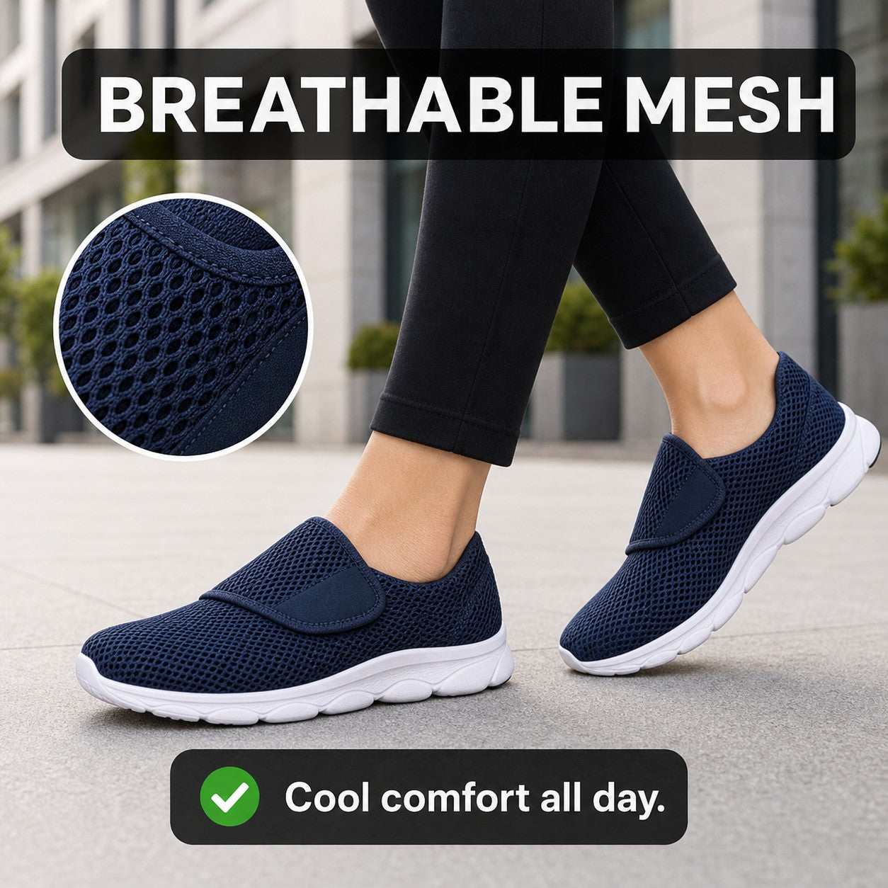 Mira Wide Fit Slip On Walking Shoes For Women Navy Blue Breathable Mesh Feature